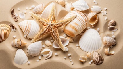 Fototapeta na wymiar White and beige exotic seashells and starfish on sand Generative AI