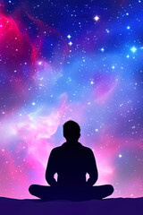 Fototapeta na wymiar a man meditating under a galaxy sky