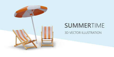 3d realistic cartoon sunbed and sunshade on blue background. Web poster with promo action for online store with place for text at summer season. Colorful vector illustration
