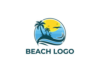 Summer beach Sunset logo design vector template Inspiration.