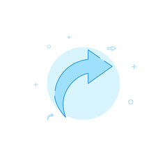 Bent curved arrow pointing right flat vector icon. Filled line style. Blue monochrome design. Editable stroke