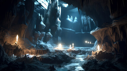Ancient dark cave interior of cave glowing candles ai image generated