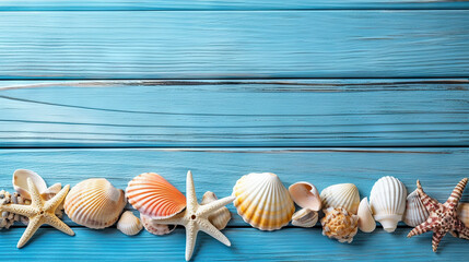 Summer Vibes Seashells on Blue Wooden Background, a Celebration of Summer Holidays. created with Generative AI