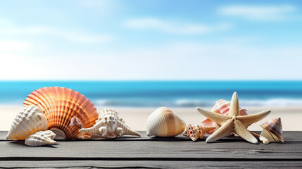 Seaside Splendor Seashells and Starfish on Blue Wooden Background, Embracing the Essence of Summer. created with Generative AI