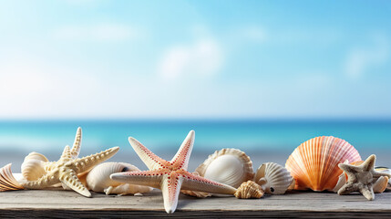 Fototapeta na wymiar Seaside Splendor Seashells and Starfish on Blue Wooden Background, Embracing the Essence of Summer. created with Generative AI