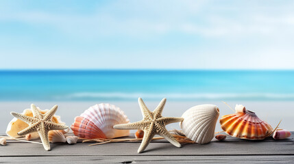 Fototapeta na wymiar Seaside Splendor Seashells and Starfish on Blue Wooden Background, Embracing the Essence of Summer. created with Generative AI
