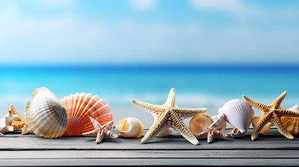 Seaside Splendor Seashells and Starfish on Blue Wooden Background, Embracing the Essence of Summer. created with Generative AI