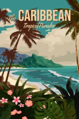 Keuken spatwand met foto Travel poster Caribbean tropical resort vintage © hadeev