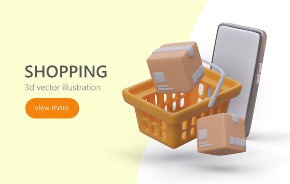 All purchases in one basket. Vector concept of online shopping. 3D shopping cart, smartphone, boxes. Advertising poster on colored background, with text and button