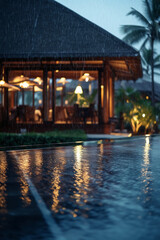 Photograph of resort in bali, taken at dusk on a rainy day, water beading on glass, camera focus on window. AI generative