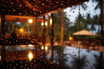 Photograph of resort in bali, taken at dusk on a rainy day, water beading on glass, camera focus on window. AI generative