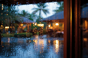 Photograph of resort in bali, taken at dusk on a rainy day, water beading on glass, camera focus on window. AI generative