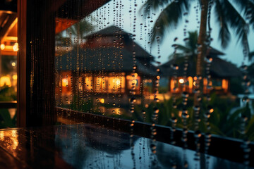 Obraz premium Photograph of resort in bali, taken at dusk on a rainy day, water beading on glass, camera focus on window. AI generative