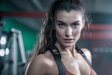 Fototapeta na wymiar Fit and Fabulous: Stunning Brunette Shows off her Strength and Cardio Training at the Gym, ai generative