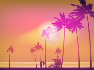 Sunset Beach view tropical landscape banner illustration - obrazy, fototapety, plakaty