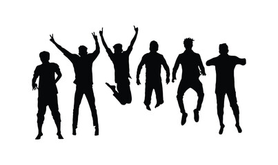 Obraz na płótnie Canvas Young friends jumping randomly, silhouette. Friends funny moments. Boys enjoying moments.