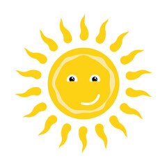 Summer sun funny character with happy face. Sun icon with different shapes of rays. Simple Vector isolated on white background
