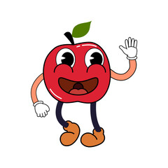 Groovy funny apple cartoon character, vintage hippie 70s. Doodle comic bright character