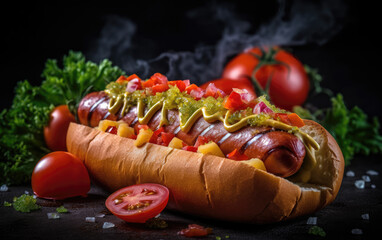 Delicious Hot Dog with Mustard and Ketchup.  Created with Generative AI Technology
