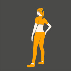 Standing woman. Sport girl illustration. Casual sportwear - t-shirt, breeches and sneakers. Young woman wearing workout clothes. Sport fashion girl outline in urban casual style. Back view
