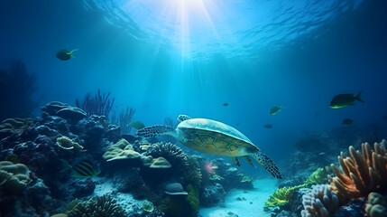 Beautiful underwater view of the coral reef. Life in the ocean. School of fish. Generative AI