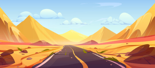 Landscape of sand desert with road in Africa. Wilderness land scene with empty old asphalt highway, sand dunes, grass and stones, vector cartoon illustration