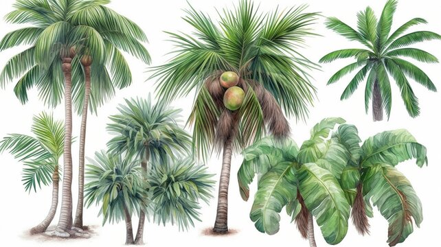 Watercolor tropical trees set Generative AI © Dyeru