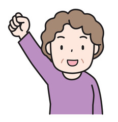 笑顔で元気に拳をあげるシニア女性のイラスト