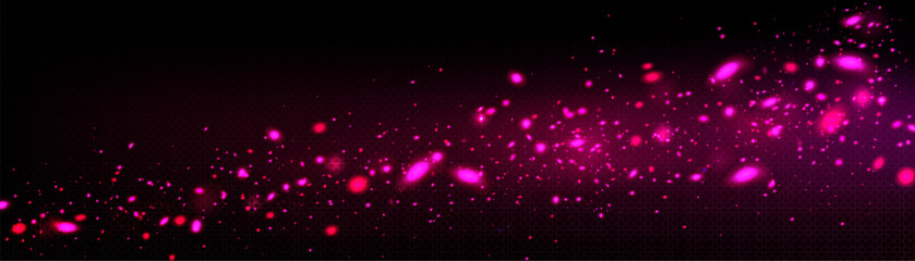 Pink firefly light glow flow. Star particle spell overlay on transparent background with dark space. Isolated fluorescent starlight bokeh vector effect illustration. Mysterious magic glitter sparkle.