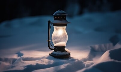 Obraz na płótnie Canvas black illuminated lantern in the snow, in the style of golden light