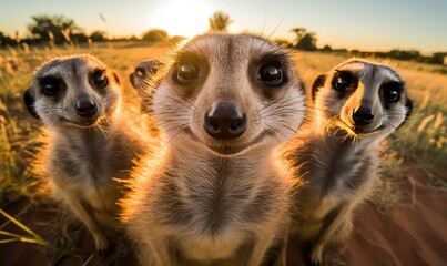 Playful meerkat strikes a pose and snaps a delightful selfie. Creating using generative AI tools - obrazy, fototapety, plakaty