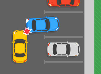 Safe parking tips and rules. Accident with approaching car on parking area. Top view of a moving reverse car collision. Flat vector illustration template.  © flatvectors