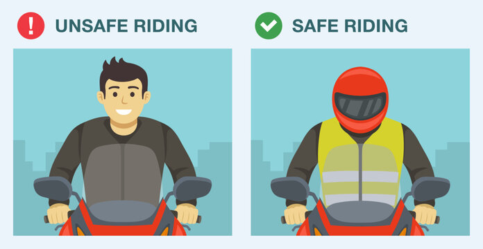 Safe and unsafe motorcycle riding. Close-up of a moto rider wearing helmet and vest. Flat vector illustration template.