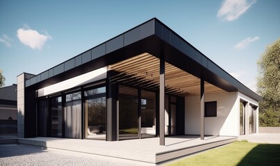 The modern house stood out with its striking black facade design. Creating using generative AI tools
