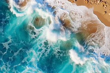 Fototapeten Sea waves on the beach as a background. Beautiful natural summer vacation background. Aerial view of beach and sea with blue water. AI Generative © sirisakboakaew