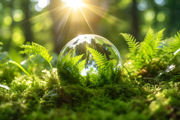 Earth day, save the environment, ecology and conservation concept. Crystal earth on green grass forest in sunlight. Generative AI