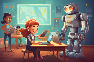 AI tutor teaching student in classroom, private tuition by artificial intelligence robot teacher for education concept. Generative AI