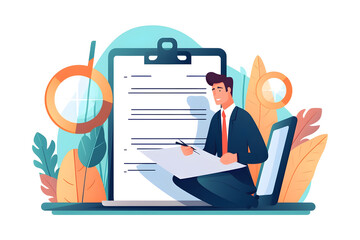 Filling Online Survey form with quick checklist questionnaire, businessman checking laptop performance and efficiency. Generative AI