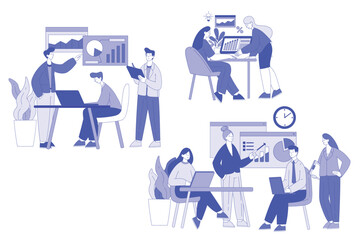 Office Staff with Man and Woman Character Working Together Vector Set