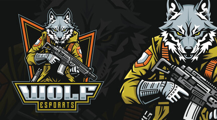 Wolf soldier esports mascot logo template, wolves army, wolf holding a rifle, shooting shooter esport game
