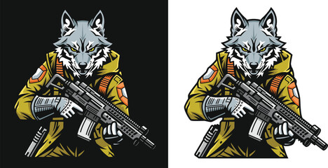 Wolf soldier esports character illustration, wolves army, wolf holding a rifle, shooting shooter esport game