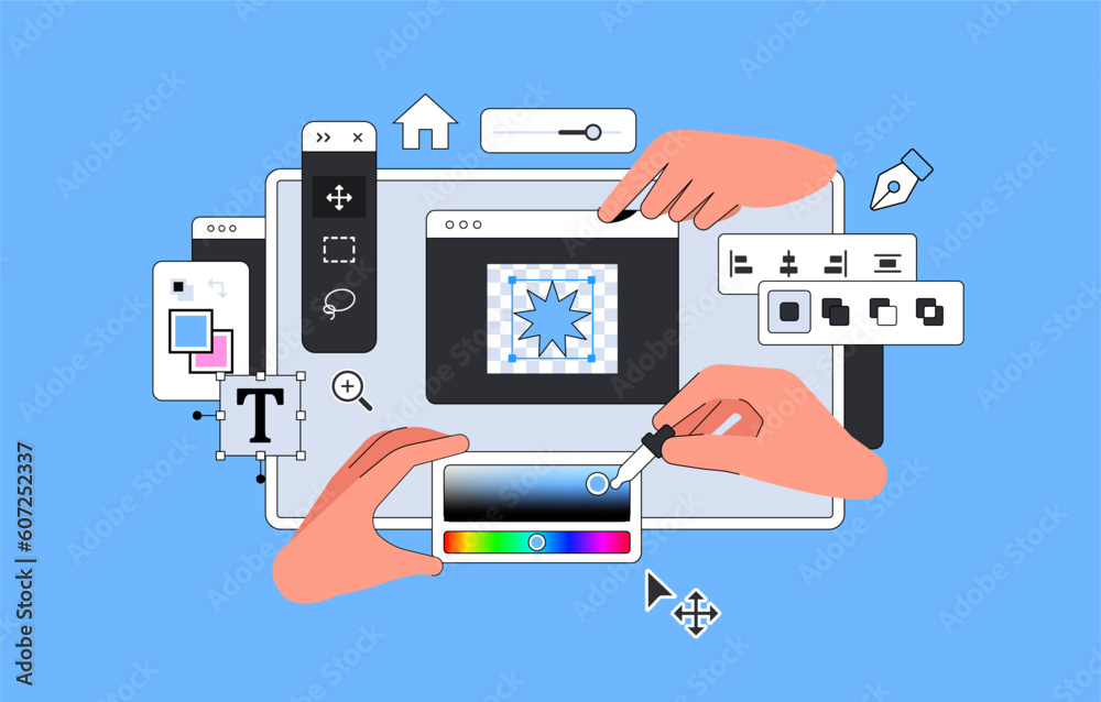Poster ui design layout vector illustration with hands. tool for professional digital art in raster graphic
