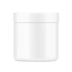Round package container mockup. Vector illustration isolated on white background. Can be use for your design, advertising, promo and etc. Front view. EPS10.