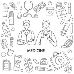 Blue Medicine icons doodle set on white. Health care, pharmacy icons. Vector illustration.