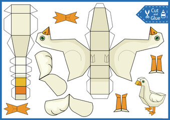 Kids paper craft activity page template. Cut and glue a paper model goose. DIY papercraft cutout puzzle animal toys. Children activity worksheet and education game. 