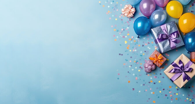 Colorful birthday gifts and balloons lay on a blue background. Celebration themed background banner with negative space for copy text