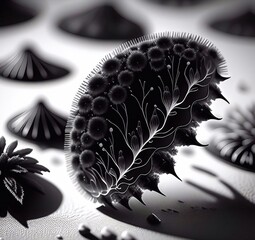 
Bacteria under a microscope. A colony of microbes under a stereo microscope. Close-up of black and white bacteria cells in a scientific laboratory.
