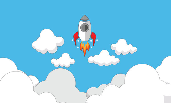 rocket in the sky flying above the clouds spaceship in smoke cloud business concept startup landscape background