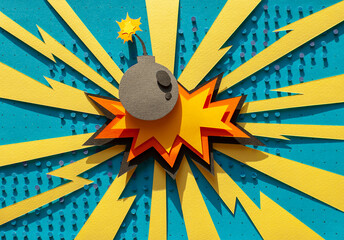 Handmade colorful paper cutting speech bubble with text boom. Paper cut out bomb. Pop art and comic...