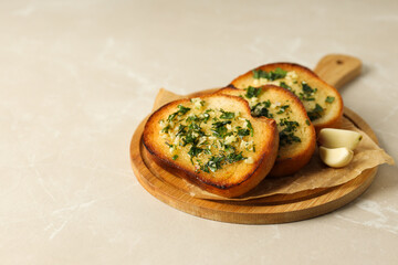 Tasty toasts with garlic, homemade products appetizer